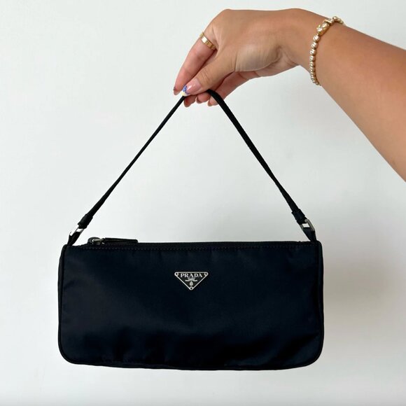 Prada VINTAGE Black Nylon Tessuto Shoulder Bag Mini Zip Pouch - Picture 1 of 15